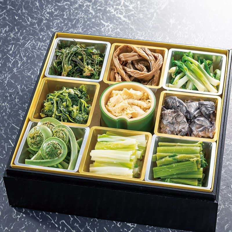 蒸し器　漬物　重箱　まとめ売り 玉貴特製 新緑の山菜重箱 一段 〈山菜の重〉｜清川屋
