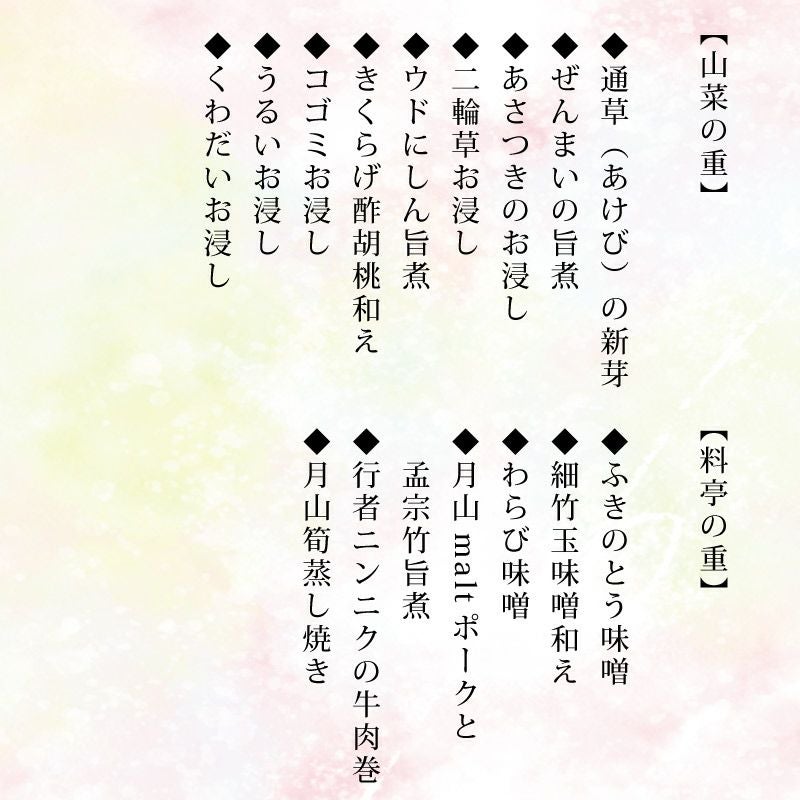 山菜料亭「玉貴」特製 新緑の山菜重箱 二段_2024年お品書き